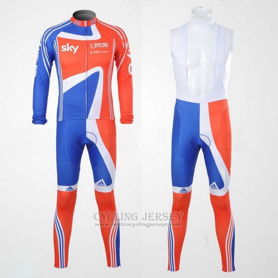 2012 Cycling Jersey Sky Champion Regno Unito Orange and Blue Long Sleeve and Bib Tight